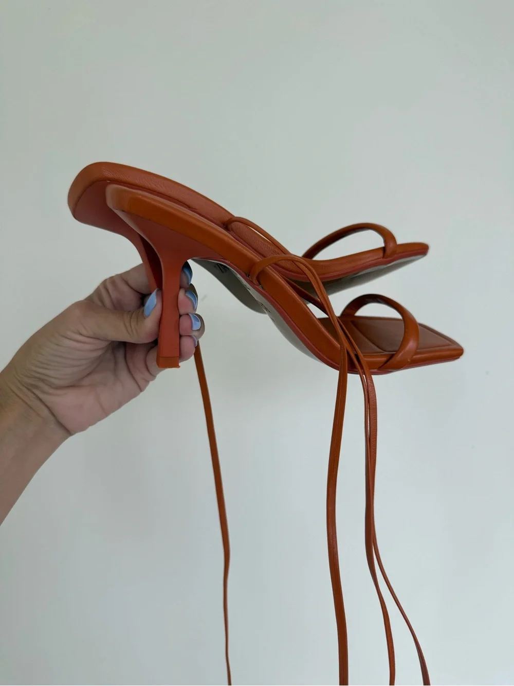 Zara Orange Strappy Lace-Up Goat Leather Heels Sandals Square Toe 38